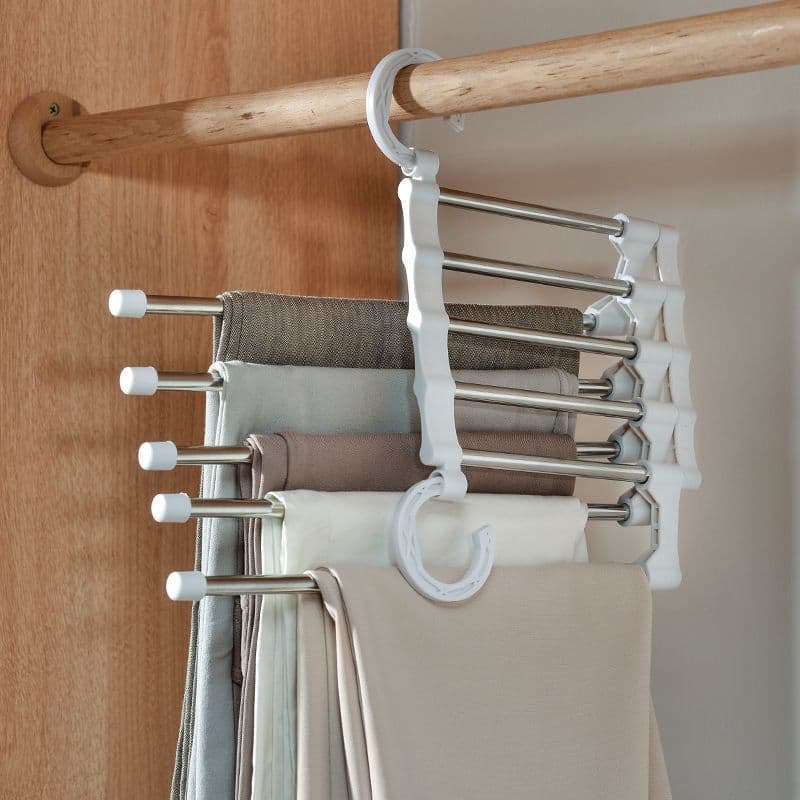 image-Multifunctional stainless steel magic trousers rack multi-layer household storage magic clothes rack telescopic folding trousers rack clothes rack