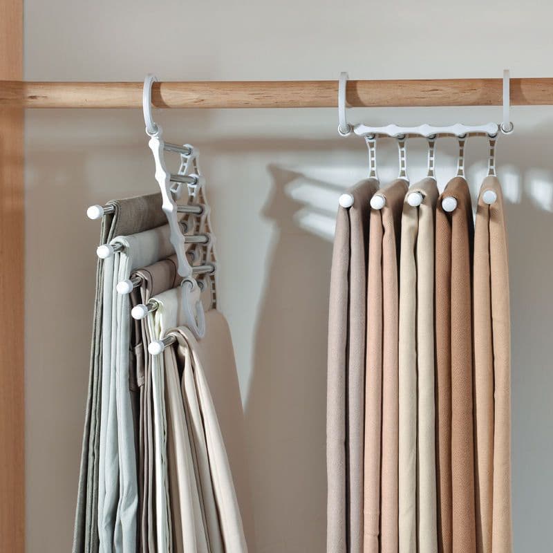 image-Multifunctional stainless steel magic trousers rack multi-layer household storage magic clothes rack telescopic folding trousers rack clothes rack