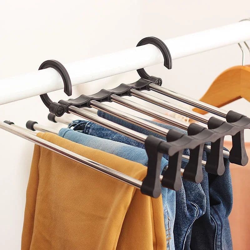 image-Multifunctional stainless steel magic trousers rack multi-layer household storage magic clothes rack telescopic folding trousers rack clothes rack