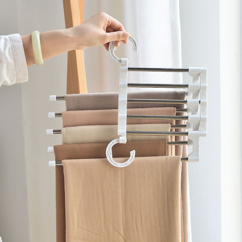 image-Multifunctional stainless steel magic trousers rack multi-layer household storage magic clothes rack telescopic folding trousers rack clothes rack