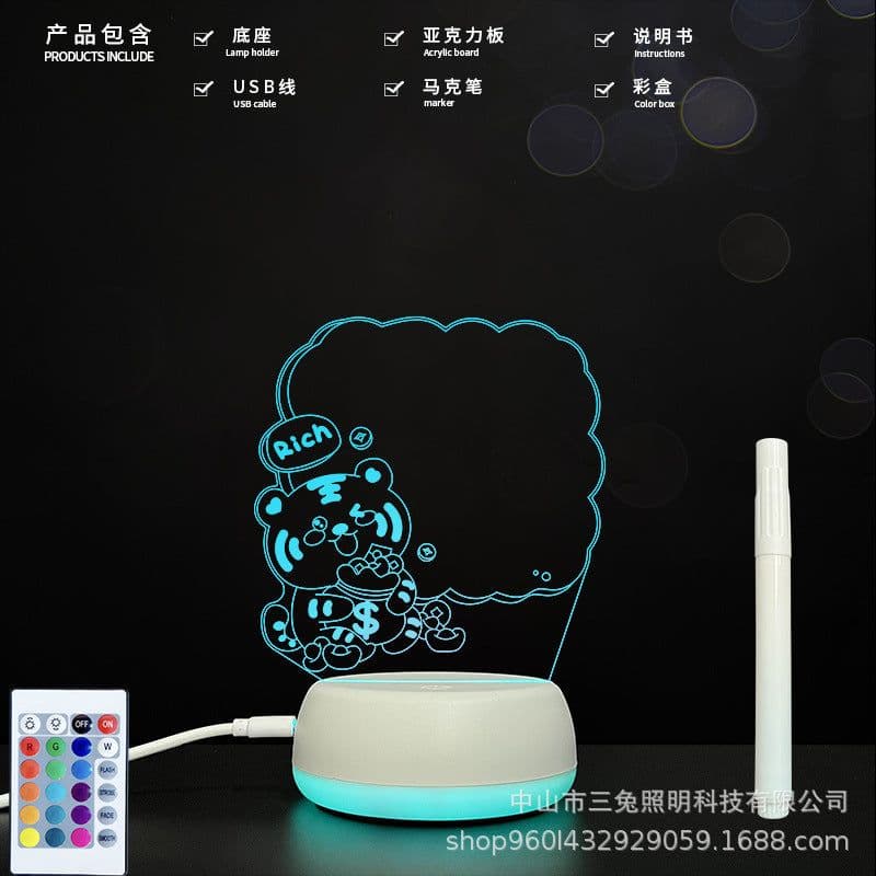 image-3D lamp bottom luminous acrylic board handwritten message board 3D night light can erase office memo 3D desk lamp