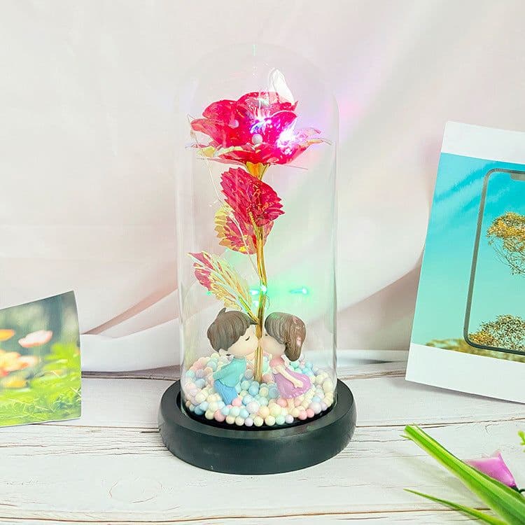 image-Gold foil rose glass cover led luminous doll immortal flower Valentine's day gift mother's day creative decoration