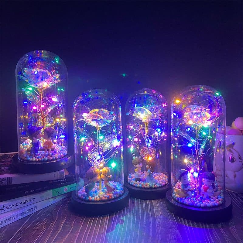 image-Gold foil rose glass cover led luminous doll immortal flower Valentine's day gift mother's day creative decoration