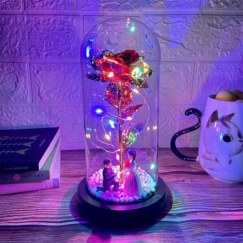 image-Gold foil rose glass cover led luminous doll immortal flower Valentine's day gift mother's day creative decoration