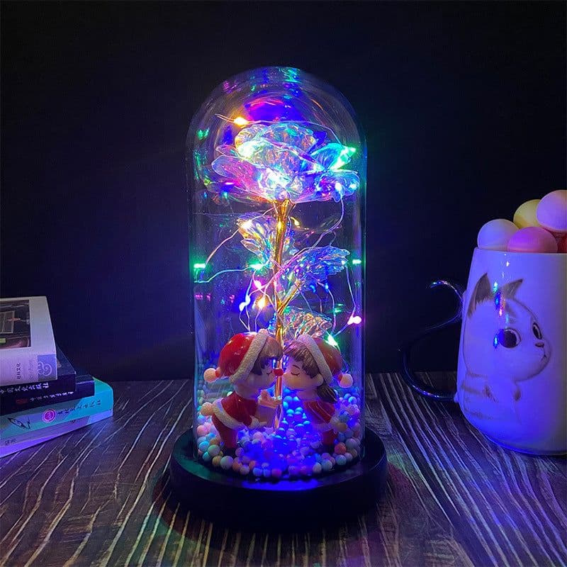 image-Gold foil rose glass cover led luminous doll immortal flower Valentine's day gift mother's day creative decoration