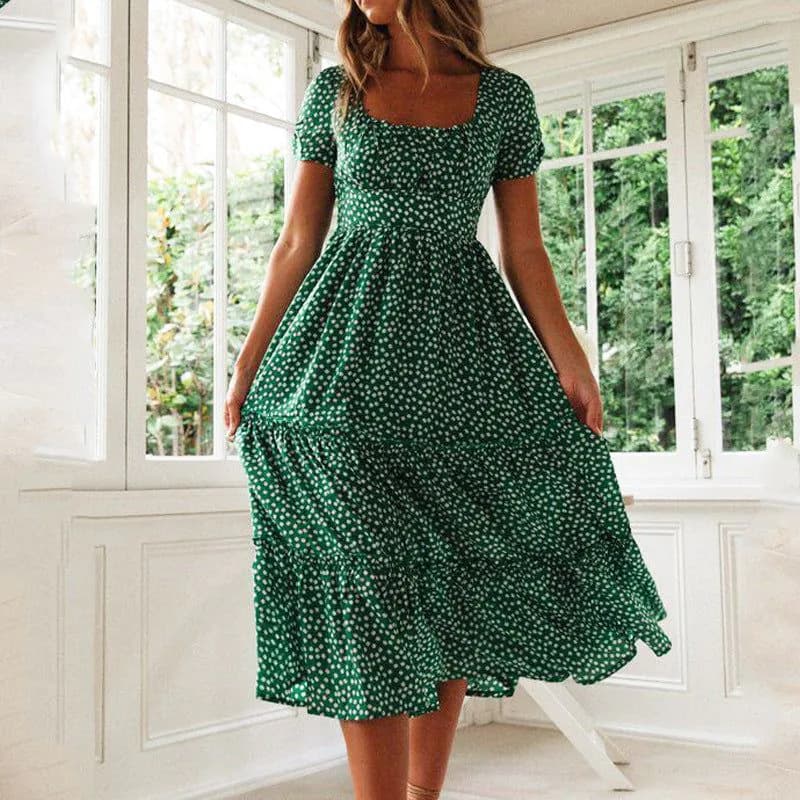 image-2021 Europe and the United States new AliExpress wish Amazon popular square neck puff sleeve floral dress long skirt