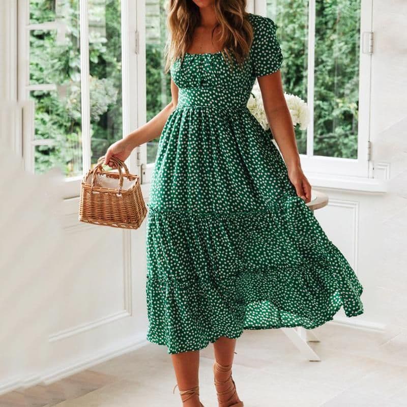 image-2021 Europe and the United States new AliExpress wish Amazon popular square neck puff sleeve floral dress long skirt