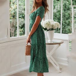 image-2021 Europe and the United States new AliExpress wish Amazon popular square neck puff sleeve floral dress long skirt