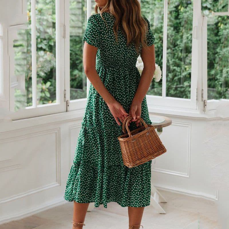 image-2021 Europe and the United States new AliExpress wish Amazon popular square neck puff sleeve floral dress long skirt