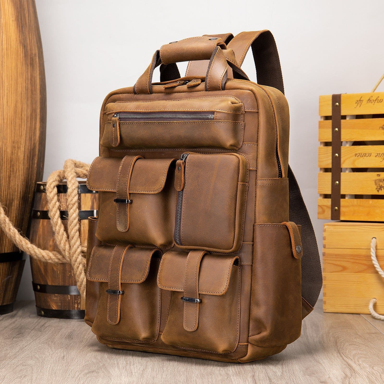 image-Backpack retro crazy horse leather men's bag European and American men's large capacity outdoor travel 17 inch computer backpack manufacturer