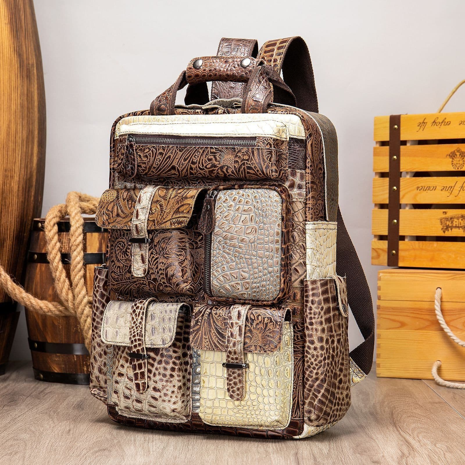 image-Backpack retro crazy horse leather men's bag European and American men's large capacity outdoor travel 17 inch computer backpack manufacturer
