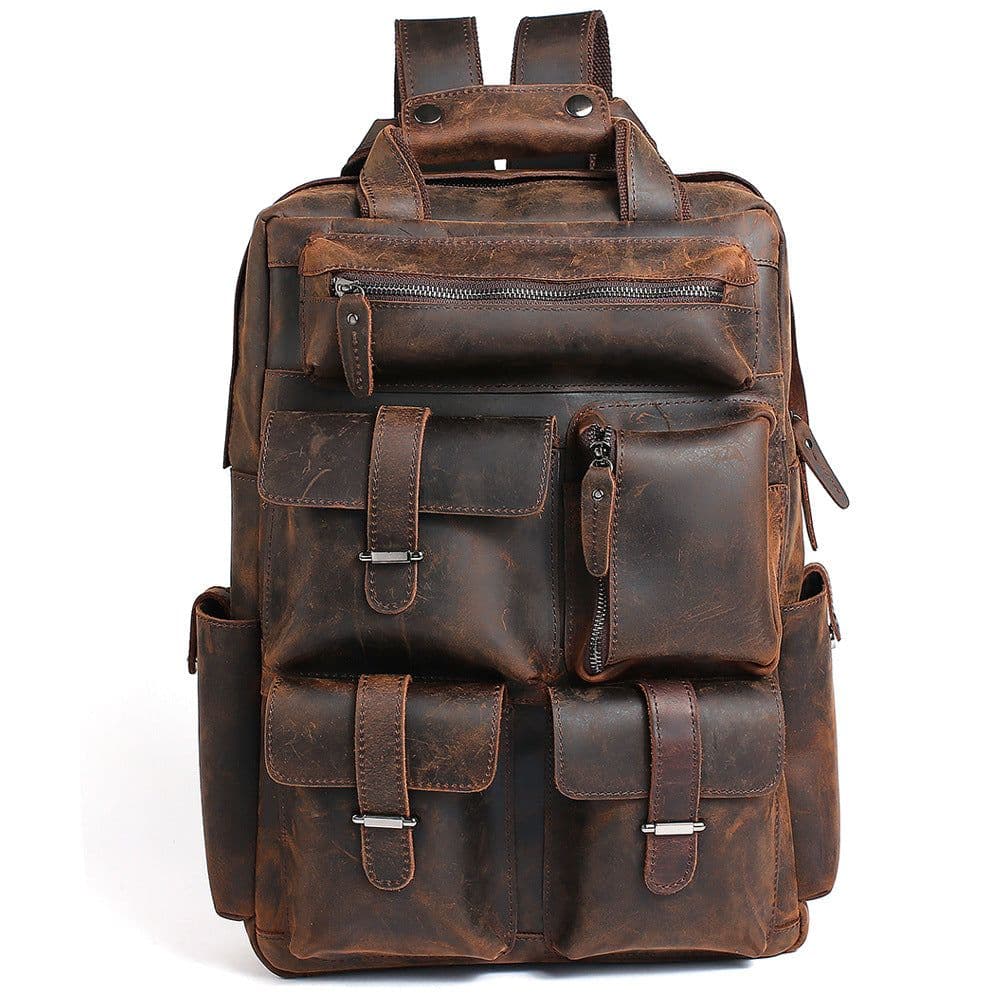 image-Backpack retro crazy horse leather men's bag European and American men's large capacity outdoor travel 17 inch computer backpack manufacturer