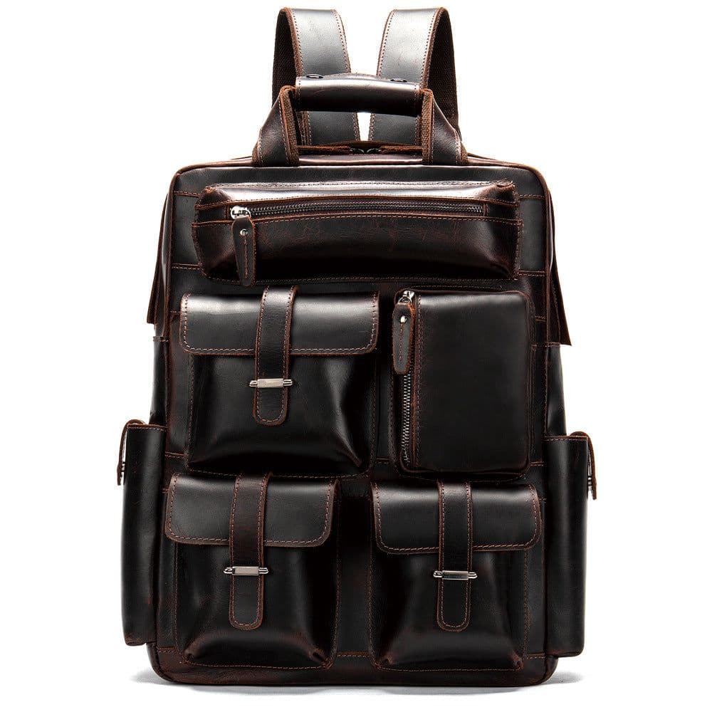 image-Backpack retro crazy horse leather men's bag European and American men's large capacity outdoor travel 17 inch computer backpack manufacturer