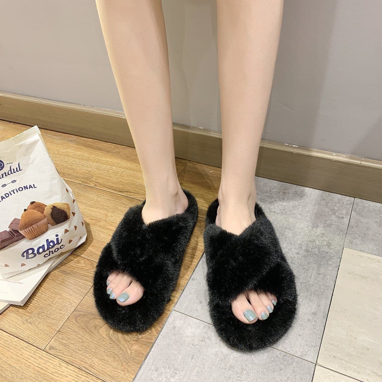 image-Candy color thickened plush slippers women's autumn and winter outer wear 2020 net red new flat bottom one word thick bottom cotton slippers women