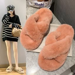 image-Candy color thickened plush slippers women's autumn and winter outer wear 2020 net red new flat bottom one word thick bottom cotton slippers women