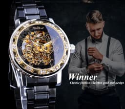 image-men's fashion casual popular hollow rhinestone manual mechanical watch