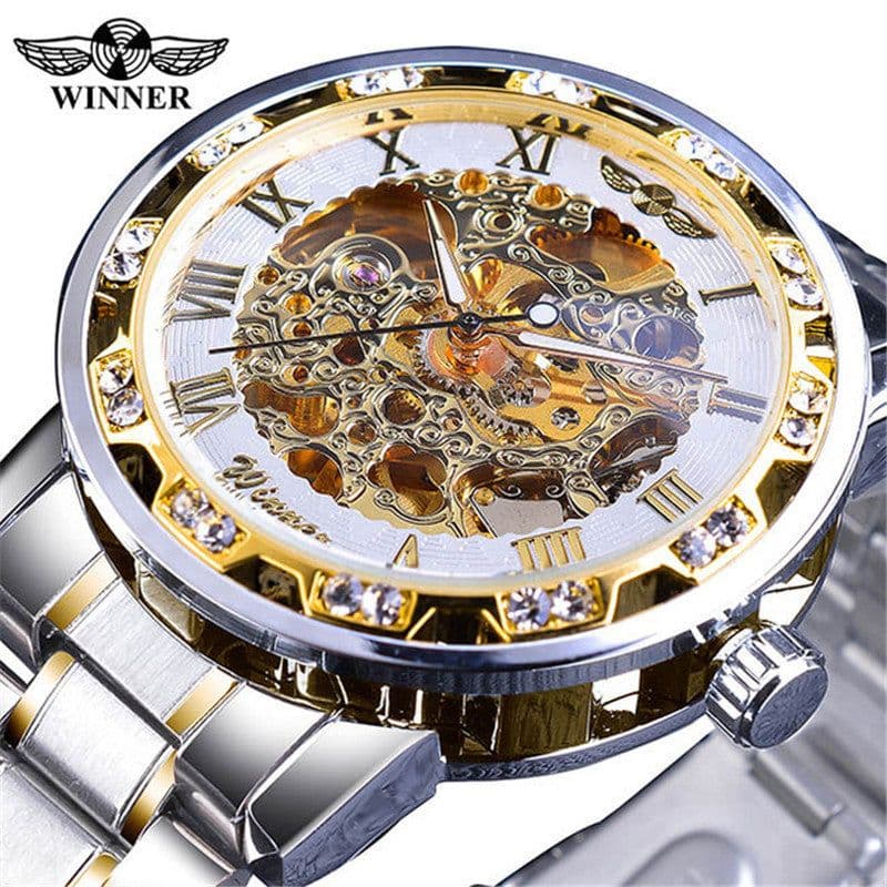 image-men's fashion casual popular hollow rhinestone manual mechanical watch