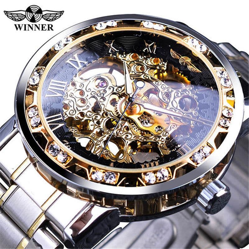 image-men's fashion casual popular hollow rhinestone manual mechanical watch