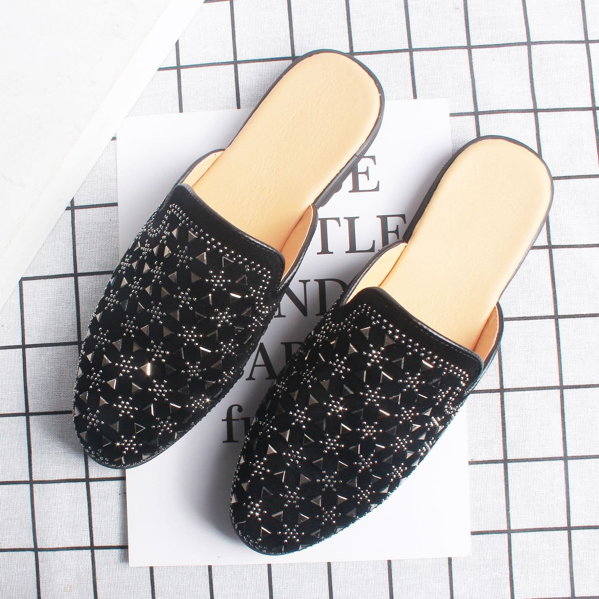 image-Men's rhinestone half slippers men's 2021 new Korean version of the personality trend hair stylist pointed hot drill leather shoes men 785