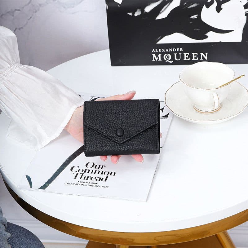 image-Leather wallet women's short simple folding tri-fold first layer cowhide wallet Japanese and Korean fashion new envelope coin purse