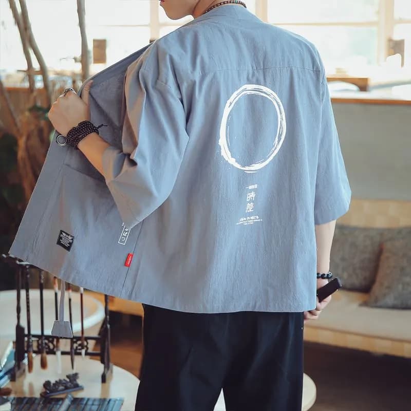 image-Three-quarter sleeve cardigan Chinese style Tang suit men's youth kimono jacket Taoist robe men's Hanfu retro trend sunscreen clothing