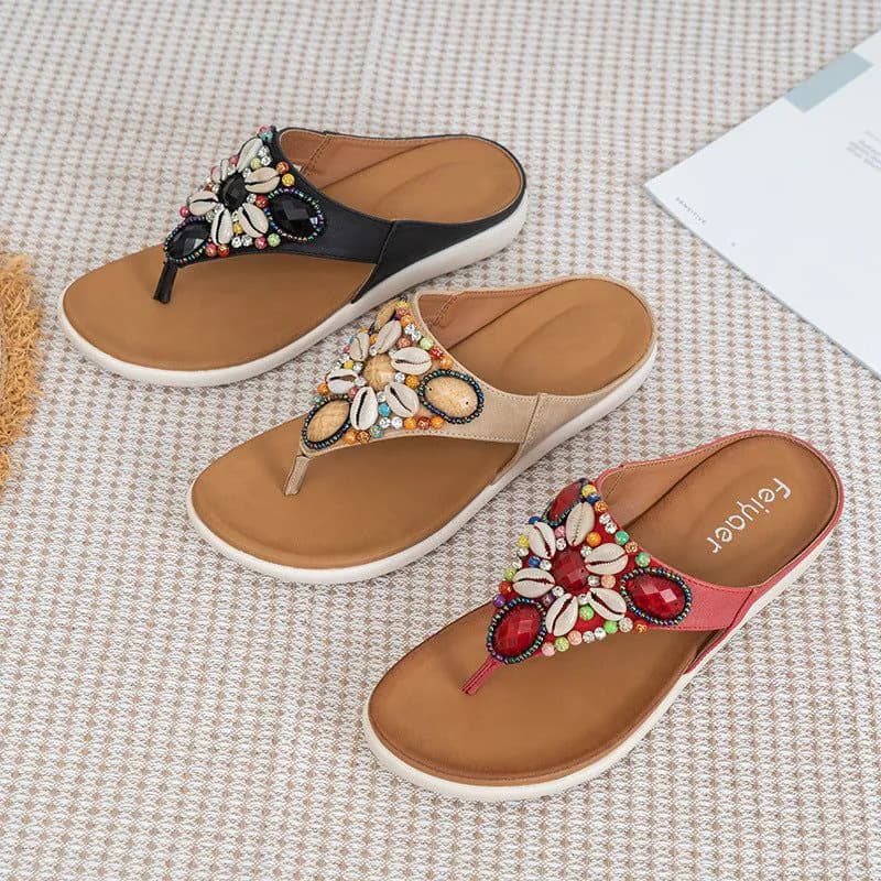 image-Retro Roman Bohemian Ethnic Style MD Soft Bottom Non-slip Beaded Shells All-match Women's Sandals and Slippers