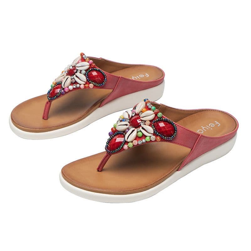 image-Retro Roman Bohemian Ethnic Style MD Soft Bottom Non-slip Beaded Shells All-match Women's Sandals and Slippers