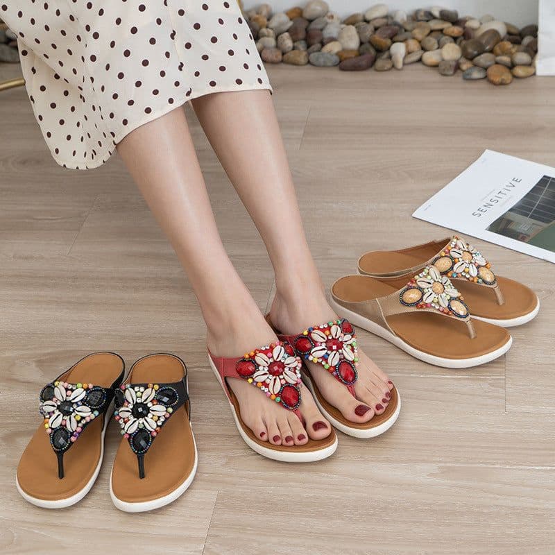 image-Retro Roman Bohemian Ethnic Style MD Soft Bottom Non-slip Beaded Shells All-match Women's Sandals and Slippers