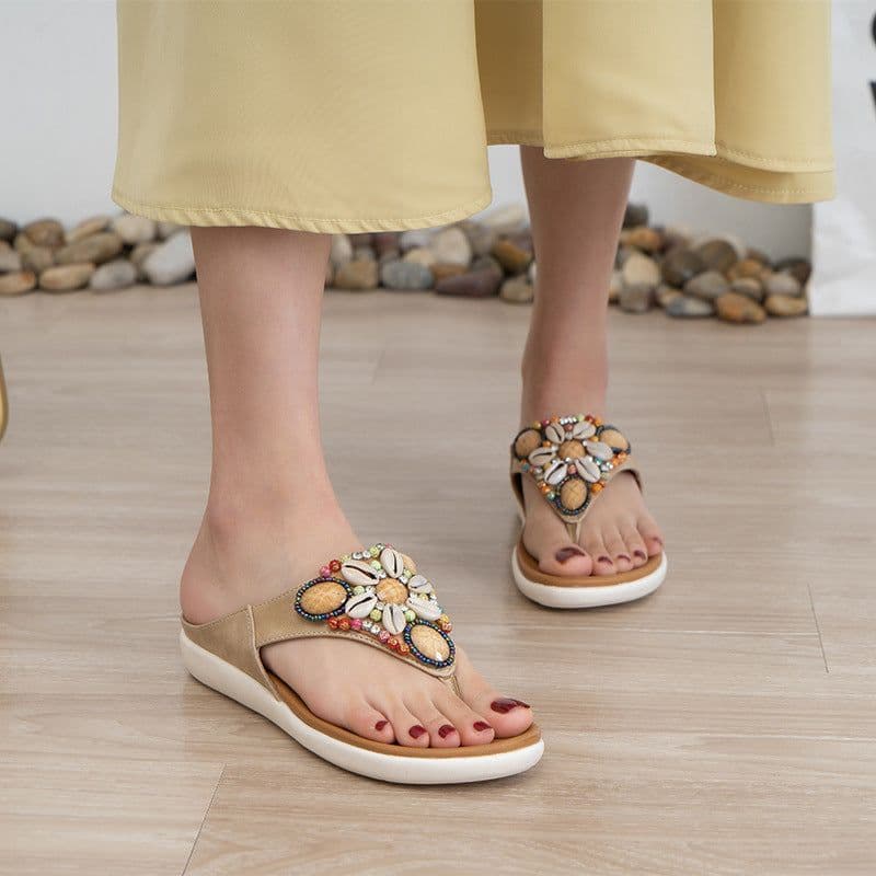 image-Retro Roman Bohemian Ethnic Style MD Soft Bottom Non-slip Beaded Shells All-match Women's Sandals and Slippers