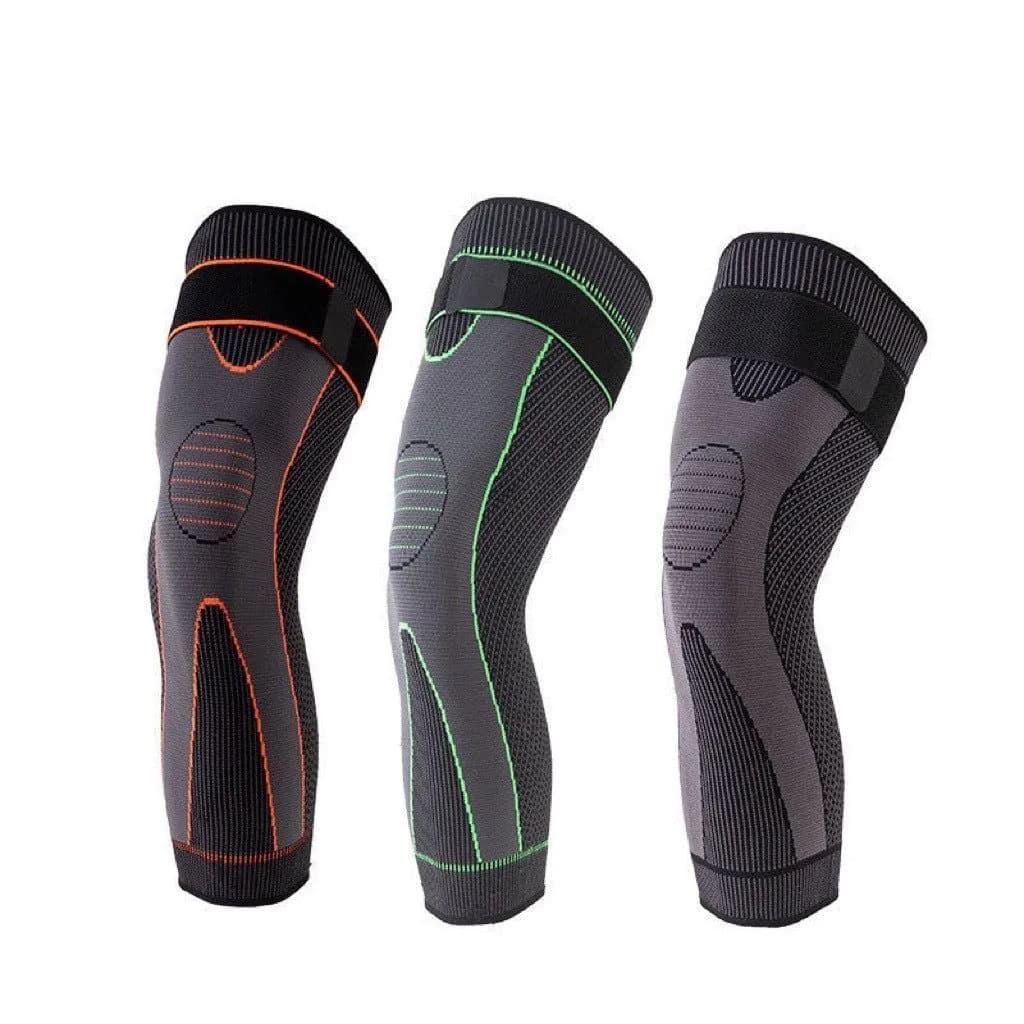 image-Lengthened men's sports knitted nylon knee pads compression knee pads riding dance knee pads long straps warm knee pads