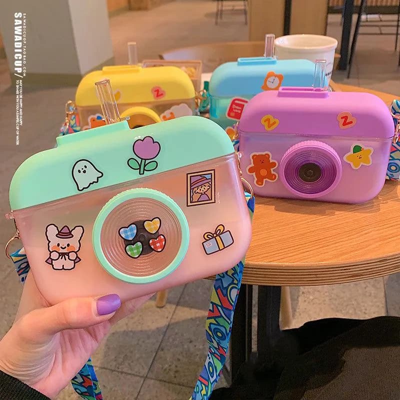 image-Cute cartoon camera water cup personality creative with straw diagonal water cup simple trend anti-fall plastic cup