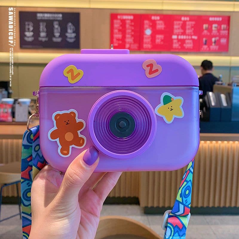 image-Cute cartoon camera water cup personality creative with straw diagonal water cup simple trend anti-fall plastic cup