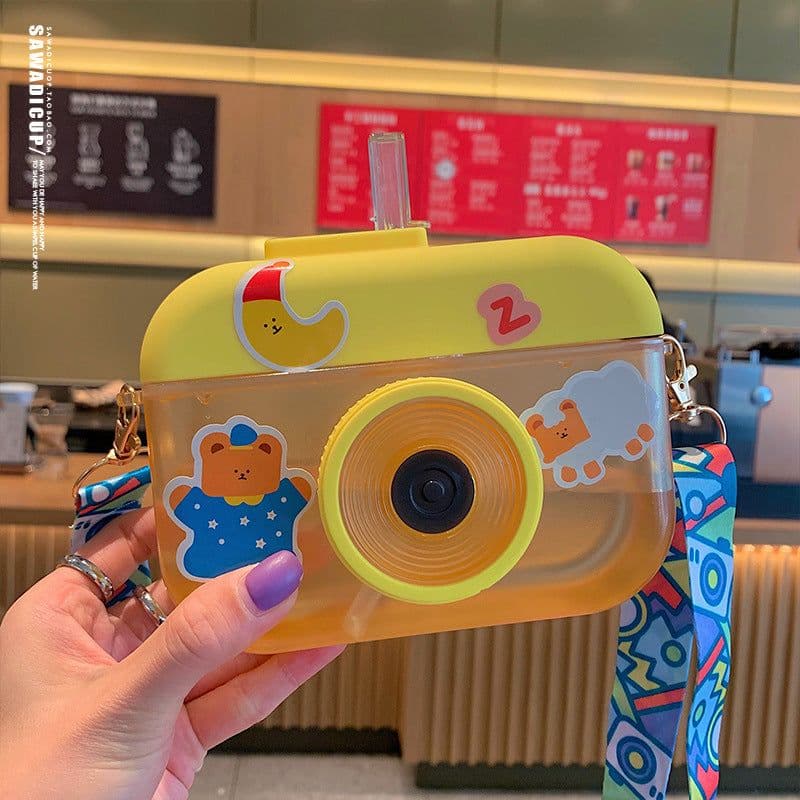image-Cute cartoon camera water cup personality creative with straw diagonal water cup simple trend anti-fall plastic cup