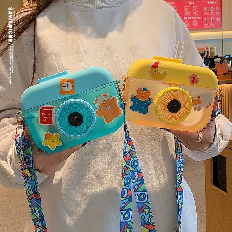 image-Cute cartoon camera water cup personality creative with straw diagonal water cup simple trend anti-fall plastic cup