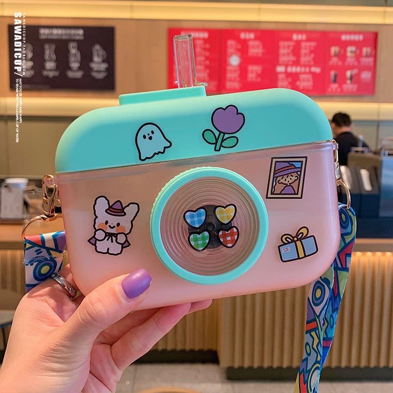 image-Cute cartoon camera water cup personality creative with straw diagonal water cup simple trend anti-fall plastic cup