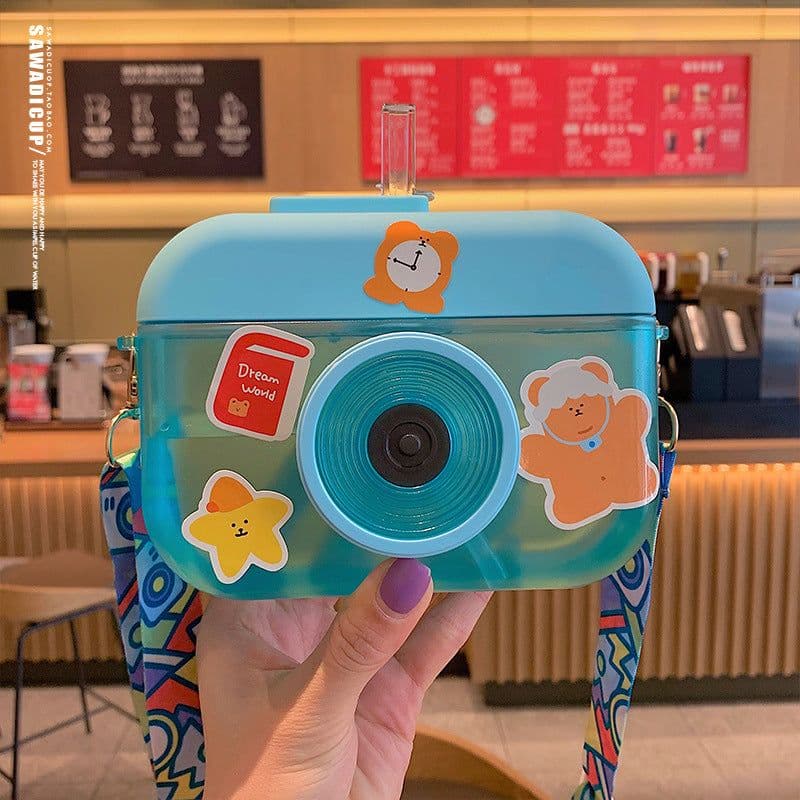 image-Cute cartoon camera water cup personality creative with straw diagonal water cup simple trend anti-fall plastic cup