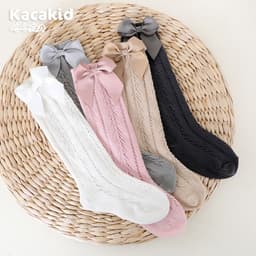 image-Girls socks anti-mosquito socks Spanish style children's middle tube socks bow transfer socks combed cotton baby mesh socks