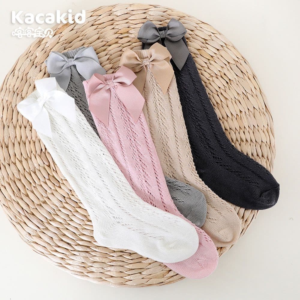 image-Girls socks anti-mosquito socks Spanish style children's middle tube socks bow transfer socks combed cotton baby mesh socks
