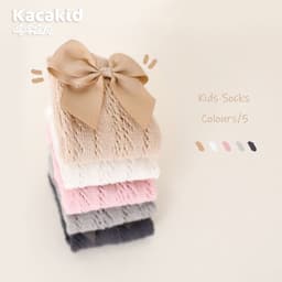image-Girls socks anti-mosquito socks Spanish style children's middle tube socks bow transfer socks combed cotton baby mesh socks