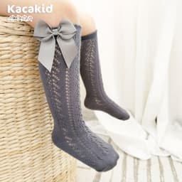 image-Girls socks anti-mosquito socks Spanish style children's middle tube socks bow transfer socks combed cotton baby mesh socks