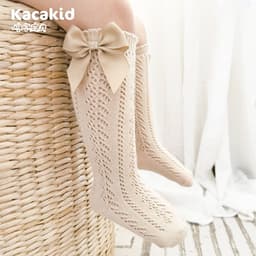 image-Girls socks anti-mosquito socks Spanish style children's middle tube socks bow transfer socks combed cotton baby mesh socks