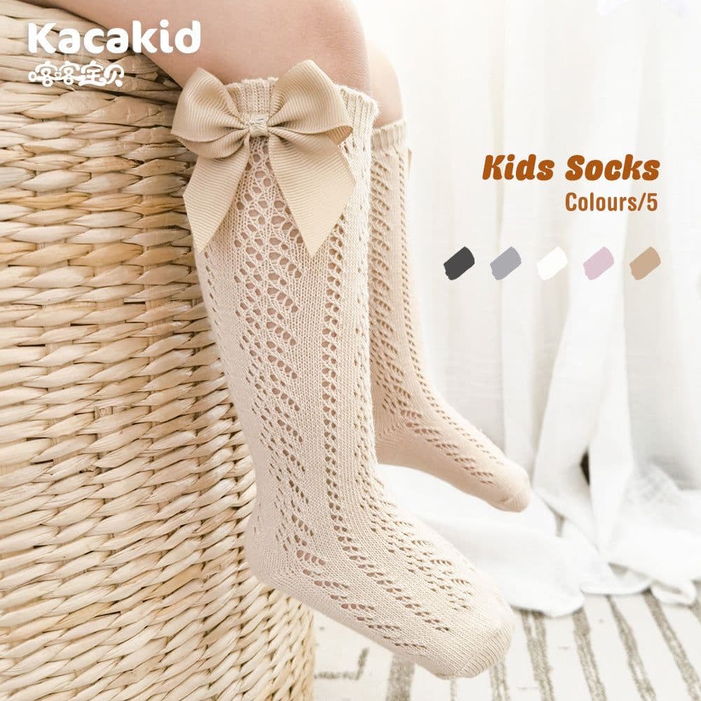 image-Girls socks anti-mosquito socks Spanish style children's middle tube socks bow transfer socks combed cotton baby mesh socks