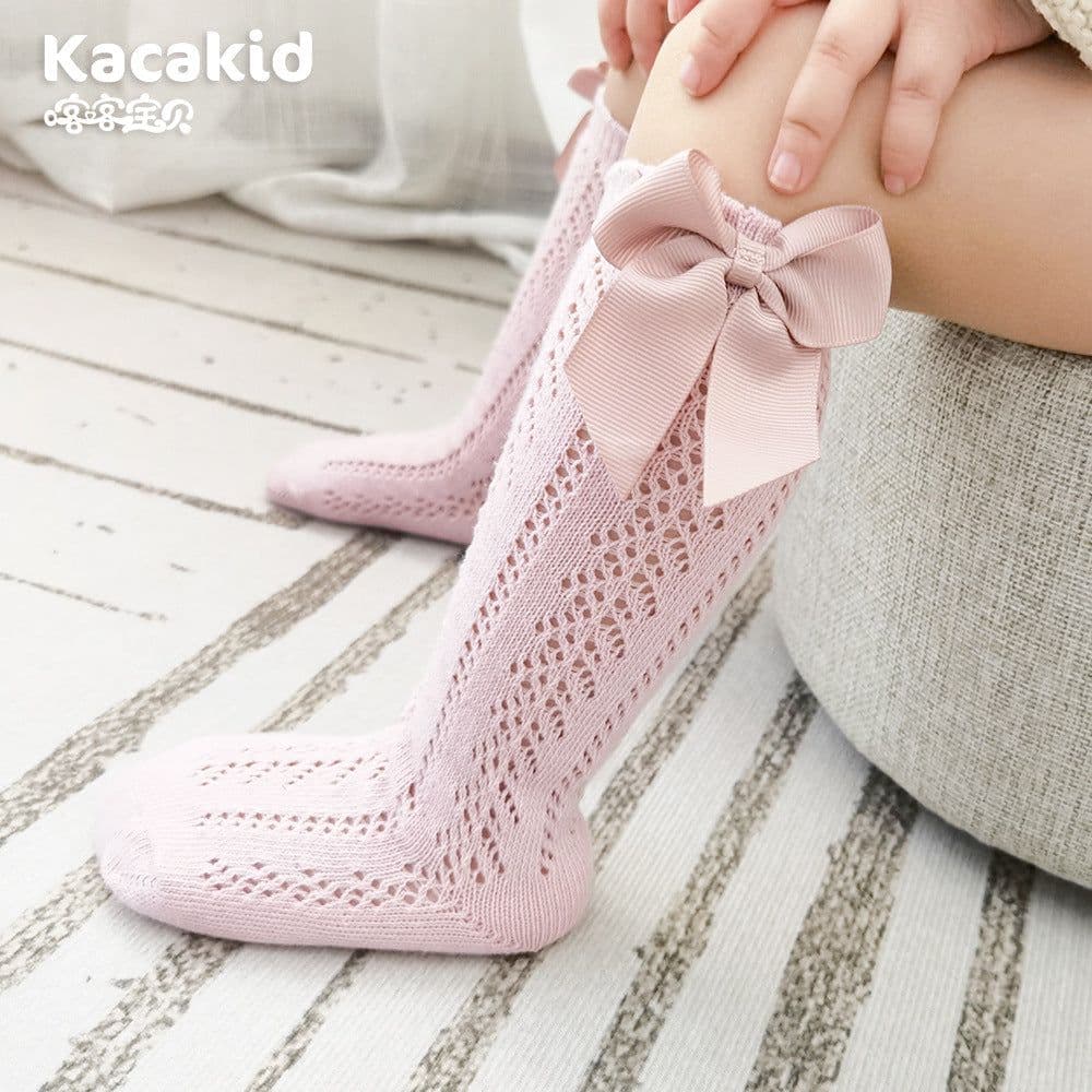 image-Girls socks anti-mosquito socks Spanish style children's middle tube socks bow transfer socks combed cotton baby mesh socks