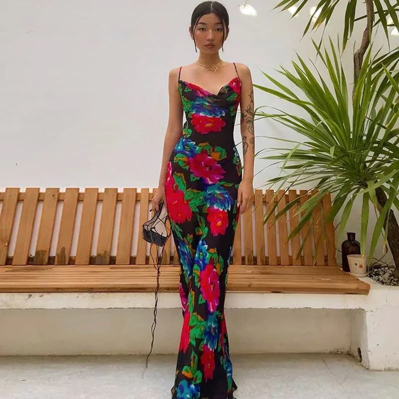 image-2022 European and American hot summer women's new sexy printing pile collar suspenders halter dress women's dress