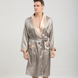 image-Cross-border men's one-piece artificial silk nightgown Spring and summer thin long-sleeved bathrobe Men's striped bathrobe 88013