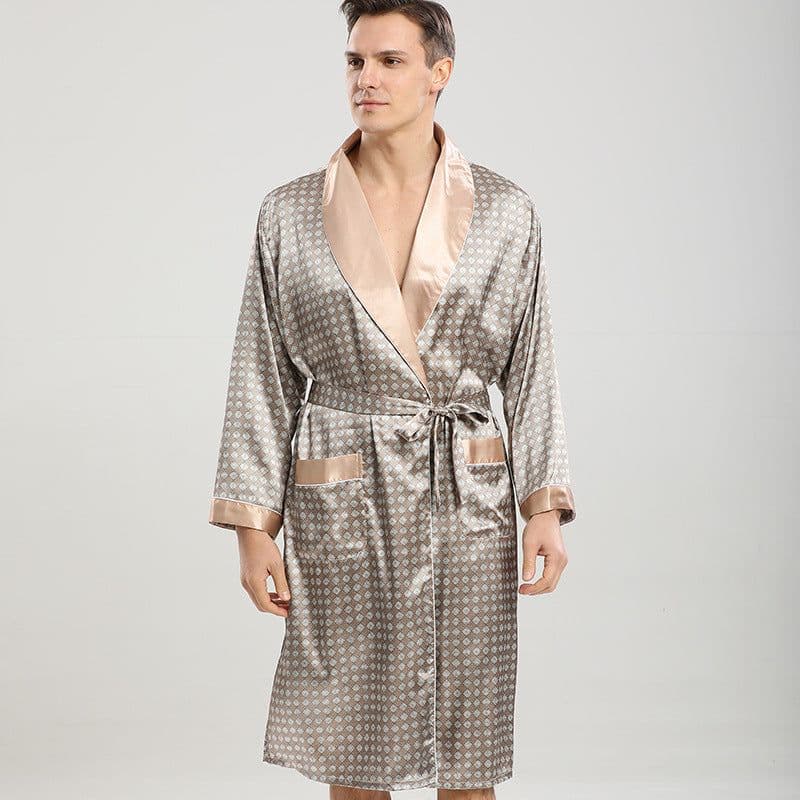 image-Cross-border men's one-piece artificial silk nightgown Spring and summer thin long-sleeved bathrobe Men's striped bathrobe 88013