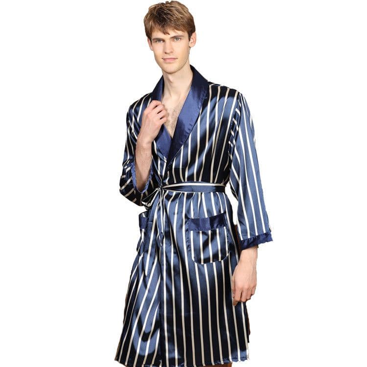 image-Cross-border men's one-piece artificial silk nightgown Spring and summer thin long-sleeved bathrobe Men's striped bathrobe 88013