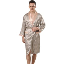 image-Cross-border men's one-piece artificial silk nightgown Spring and summer thin long-sleeved bathrobe Men's striped bathrobe 88013
