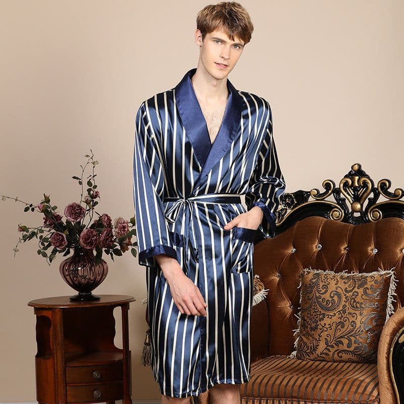 image-Cross-border men's one-piece artificial silk nightgown Spring and summer thin long-sleeved bathrobe Men's striped bathrobe 88013