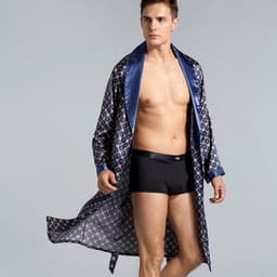image-Cross-border men's one-piece artificial silk nightgown Spring and summer thin long-sleeved bathrobe Men's striped bathrobe 88013